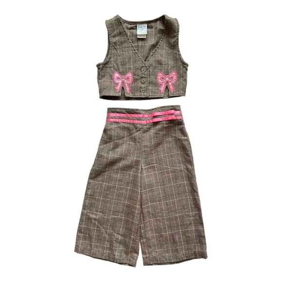 Vintage Inspired Samara Girls Plaid Vest & Pants Set With Pink Bow Accents Size - Picture 2 of 6